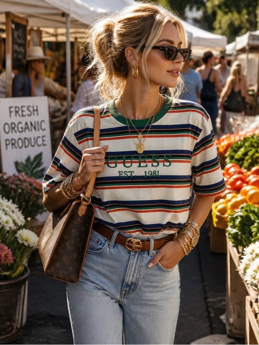GUESS Striped Logo Tee in Cream with Green, Navy & Rust Stripes